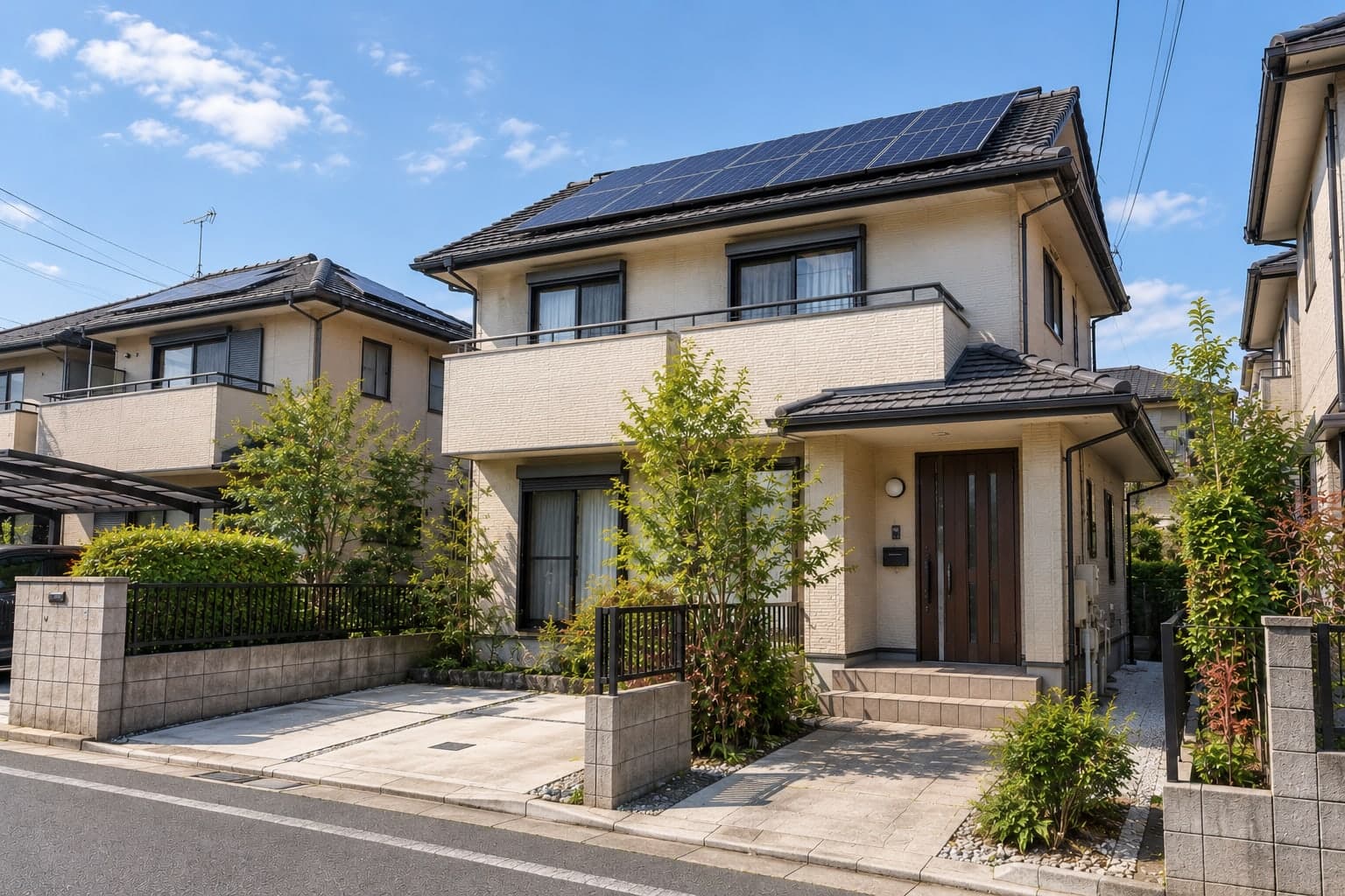屋根に太陽光パネルを載せた、郊外の2階建て戸建て住宅の外観（イメージ）